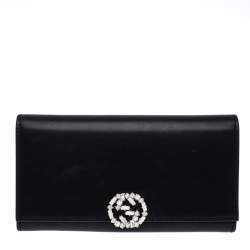  Gucci Black Leather Interlocking GG Crystal Continental Wallet
