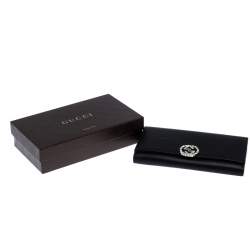  Gucci Black Leather Interlocking GG Crystal Continental Wallet