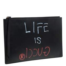 مملوكة مسبقًا Gucci Black Leather Ghost Zip Pouch