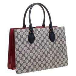 Pre Owned Gucci Navy Blue/Red GG Supreme Top Handle Bag