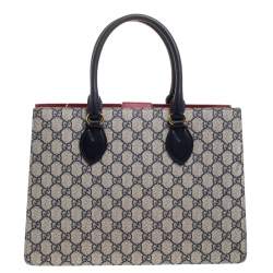 Pre Owned Gucci Navy Blue/Red GG Supreme Top Handle Bag