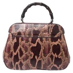 Pre Owned Gucci Burgundy/Pink Python Lady Lock Bamboo Top Handle Bag