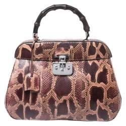 Pre Owned Gucci Burgundy/Pink Python Lady Lock Bamboo Top Handle Bag