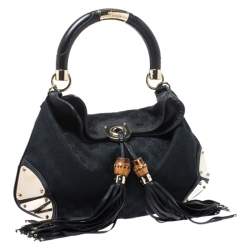 Pre Owned Gucci Black GG Canvas and Leather Medium Babouska Indy Hobo