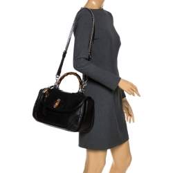 Pre Owned Gucci Black Leather Large New Bamboo Tassel Top Handle Bag 
