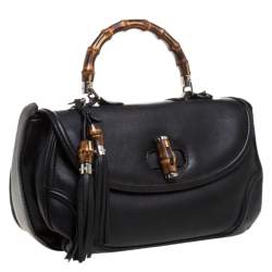 Pre Owned Gucci Black Leather Large New Bamboo Tassel Top Handle Bag 