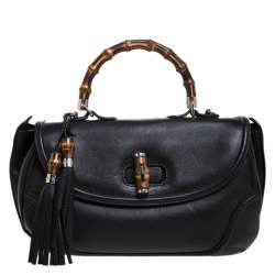 Pre Owned Gucci Black Leather Large New Bamboo Tassel Top Handle Bag 