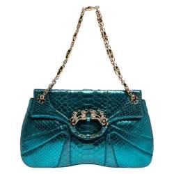 Pre Owned Gucci Metallic Green Python Tom Ford Jeweled Dragon Bag