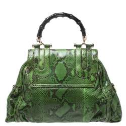 Pre Owned Gucci Green Python Dialux Pop Bamboo Top Handle Bag