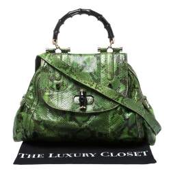 Pre Owned Gucci Green Python Dialux Pop Bamboo Top Handle Bag