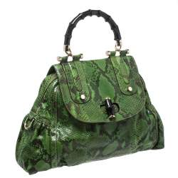 Pre Owned Gucci Green Python Dialux Pop Bamboo Top Handle Bag