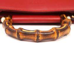 Pre Owned Gucci Red Leather Mini Nymphaea Bamboo Satchel Bag