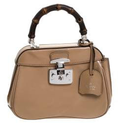 Pre Owned Gucci Beige Leather Lady Lock Bamboo Top Handle Bag