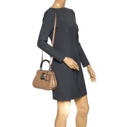 Pre Owned Gucci Beige Leather Lady Lock Bamboo Top Handle Bag