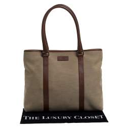 Pre Owned Gucci Khaki Canvas and Leather Shopper Tote