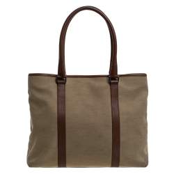 Pre Owned Gucci Khaki Canvas and Leather Shopper Tote