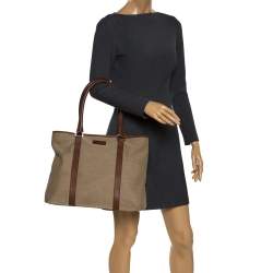 Pre Owned Gucci Khaki Canvas and Leather Shopper Tote