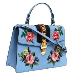Pre Owned Gucci Blue Floral Embroidered Leather Medium Sylvie Top Handle Bag