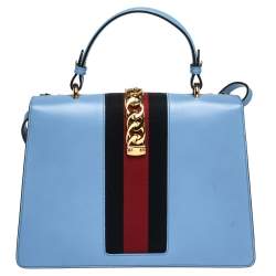 Pre Owned Gucci Blue Floral Embroidered Leather Medium Sylvie Top Handle Bag