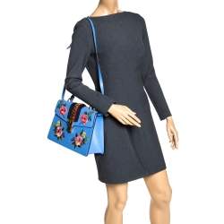 Pre Owned Gucci Blue Floral Embroidered Leather Medium Sylvie Top Handle Bag