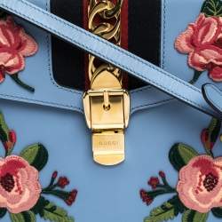Pre Owned Gucci Blue Floral Embroidered Leather Medium Sylvie Top Handle Bag