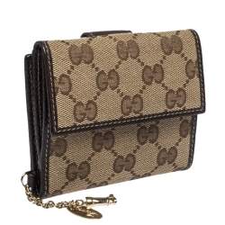 Gucci Brown/Beige GG Canvas and Leather Flap Compact Wallet with Charm
