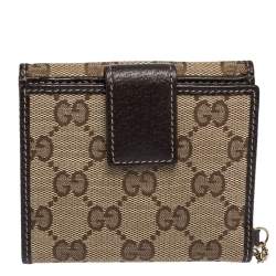 Gucci Brown/Beige GG Canvas and Leather Flap Compact Wallet with Charm