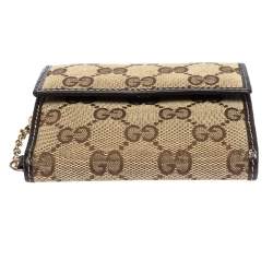 Gucci Brown/Beige GG Canvas and Leather Flap Compact Wallet with Charm