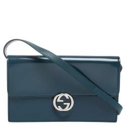 مملوكة مسبقًا حقيبة محفظة غوتشي قلاب حرف الشعار جي متشابك جلد أزرق مخضر داكن