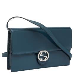 مملوكة مسبقًا حقيبة محفظة غوتشي قلاب حرف الشعار جي متشابك جلد أزرق مخضر داكن