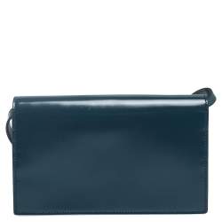 مملوكة مسبقًا حقيبة محفظة غوتشي قلاب حرف الشعار جي متشابك جلد أزرق مخضر داكن