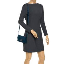 مملوكة مسبقًا حقيبة محفظة غوتشي قلاب حرف الشعار جي متشابك جلد أزرق مخضر داكن