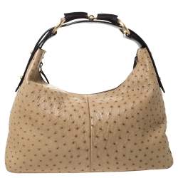 Pre Owned Gucci Beige/Dark Brown Ostrich Horsebit Hobo