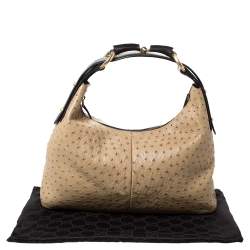 Pre Owned Gucci Beige/Dark Brown Ostrich Horsebit Hobo