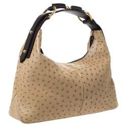 Pre Owned Gucci Beige/Dark Brown Ostrich Horsebit Hobo