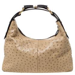 Pre Owned Gucci Beige/Dark Brown Ostrich Horsebit Hobo
