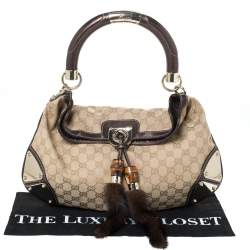 Pre Owned حقيبة غوتشي مينك إندي جلد وكانفاس بيج /بني ميتاليك