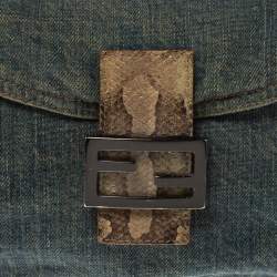 Pre Owned Fendi Blue Denim and Python Mama Baguette Bag