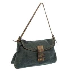 Pre Owned Fendi Blue Denim and Python Mama Baguette Bag