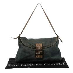 Pre Owned Fendi Blue Denim and Python Mama Baguette Bag