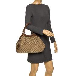 Pre Owned Gucci Beige/Brown GG Canvas and Leather Sukey Tote