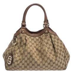 Pre Owned Gucci Beige/Brown GG Canvas and Leather Sukey Tote