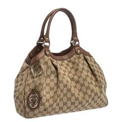 Pre Owned Gucci Beige/Brown GG Canvas and Leather Sukey Tote