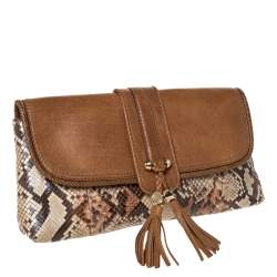 مملوكة مسبقًا Gucci Brown/Beige Leather and Python Marrakech Clutch