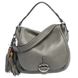 مملوكة مسبقًا Gucci Grey Leather Techno Horsebit Flap Hobo