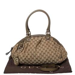 Pre Owned Gucci Beige/Olive Green GG Canvas and Leather Medium Sukey Boston Bag