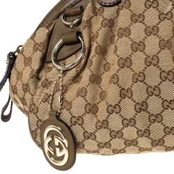 Pre Owned Gucci Beige/Olive Green GG Canvas and Leather Medium Sukey Boston Bag