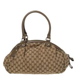 Pre Owned Gucci Beige/Olive Green GG Canvas and Leather Medium Sukey Boston Bag