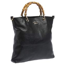 Pre Owned Gucci Black Leather Bamboo Handle Tote