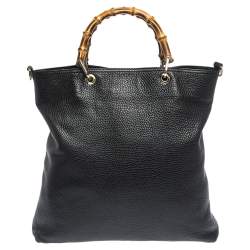 Pre Owned Gucci Black Leather Bamboo Handle Tote